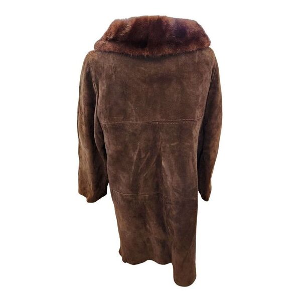 Vintage 60s Brown Mink Collar Suede Leather Coat Jacket L Mod Glam Pinup Volump - Picture 4 of 4